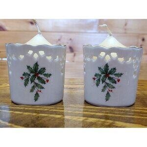 Lenox Holiday Pierced Votives 2 with candles Open Box
